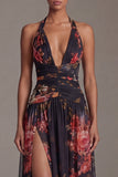 Robe fleurie à motifs noirs à motifs A en longueur