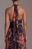 Robe fleurie à motifs noirs à motifs A en longueur