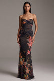 Robe fleurie noire à motifs de sirène plissée sans bretelles