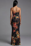 Robe fleurie noire à motifs de sirène plissée sans bretelles