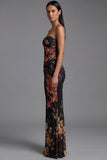 Robe fleurie noire à motifs de sirène plissée sans bretelles