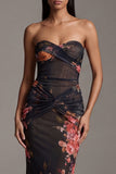 Robe fleurie noire à motifs de sirène plissée sans bretelles