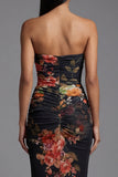 Robe fleurie noire à motifs de sirène plissée sans bretelles