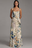 Robe fleurie ivoire froncée à col carré A Line