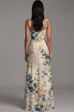 Robe fleurie ivoire froncée à col carré A Line
