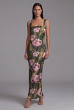 Robe longue à fleurs à étui imprimée à col carré olive