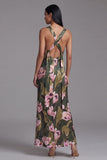 Robe longue à fleurs à étui imprimée à col carré olive