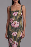 Robe longue à fleurs à étui imprimée à col carré olive