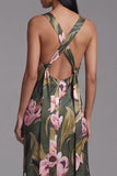 Robe longue à fleurs à étui imprimée à col carré olive