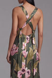 Robe longue à fleurs à étui imprimée à col carré olive