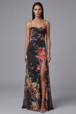 Robe fleurie à bretelles fines noires imprimées A Line