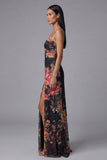 Robe fleurie à bretelles fines noires imprimées A Line
