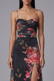Robe fleurie à bretelles fines noires imprimées A Line
