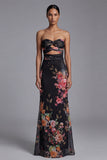 Robe noire longue à fleurs imprimée sans cercles