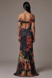 Robe noire à fleurs découpées à épaules découpées