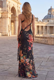 Robe noire à fleurs sirène imprimée à une épaule