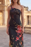 Robe noire à fleurs sirène imprimée à une épaule