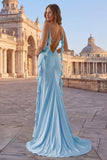 Robe de bal longue robe de bal à bretelles fines à bretelles bleu ciel et volants