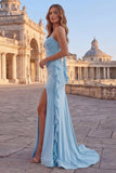 Robe de bal longue robe de bal à bretelles fines à bretelles bleu ciel et volants