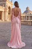 Robe de bal longue sirène à bretelles fines perlées roses avec volants
