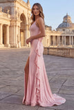 Robe de bal longue sirène à bretelles fines perlées roses avec volants