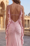 Robe de bal longue sirène à bretelles fines perlées roses avec volants