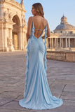 Robe de bal longue sirène à bretelles fines perlées roses avec volants