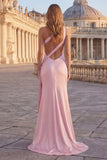 Robe de bal longue de promo sirène rose à une épaule froncée avec fente