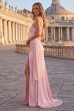 Robe de bal longue de promo sirène rose à une épaule froncée avec fente