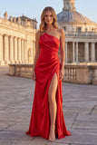 Robe de bal longue de promo sirène rose à une épaule froncée avec fente
