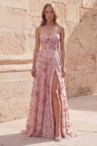 Blush Sequin Une robe de bal longue sans bustier avec fente
