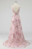 Robe de bal longue robe de bal à bretelles fines rose pailletée en sequins roses A