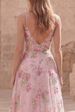 Robe de bal longue robe de bal à bretelles fines rose pailletée en sequins roses A