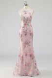 Robe longue de bal en forme de paillettes roses scintillantes