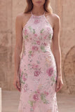 Robe longue de bal en forme de paillettes roses scintillantes