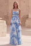 Fleur blanche bleue Une ligne longue Corset robe de bal à étages avec volants