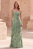 Robe de bal longue de bal à volants en sirène vert sauge à sequins