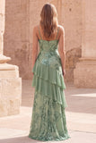 Robe de bal longue de bal à volants en sirène vert sauge à sequins