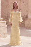 Robe longue de bal à manches à l’épaule jaune appliquée en sirène découverte