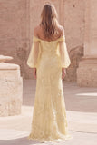Robe longue de bal à manches à l’épaule jaune appliquée en sirène découverte
