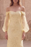 Robe longue de bal à manches à l’épaule jaune appliquée en sirène découverte