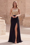 Robe de bal longue sirène à une épaule dorée et noire scintillante avec fente