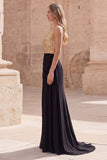 Robe de bal longue sirène à une épaule dorée et noire scintillante avec fente