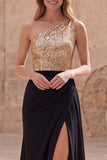 Robe de bal longue sirène à une épaule dorée et noire scintillante avec fente