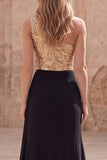 Robe de bal longue sirène à une épaule dorée et noire scintillante avec fente