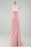 Robe de soirée longue rose clair bustier froissée avec fente