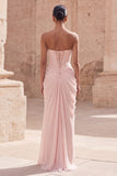 Robe de soirée longue rose clair bustier froissée avec fente