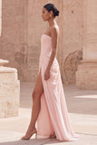 Robe de soirée longue rose clair bustier froissée avec fente