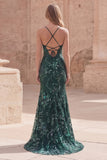 Robe longue de bal en sirène perlée vert foncé à sequins avec fente