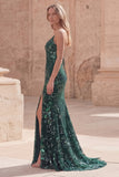 Robe longue de bal en sirène perlée vert foncé à sequins avec fente